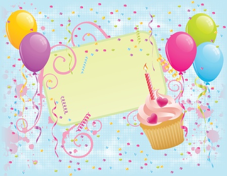 Birthday banner with cupcake, balloons and confetti. EPS 8 CMYK with global colors vector illustration. のイラスト素材