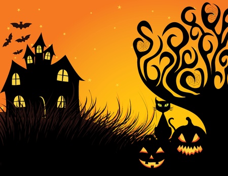 Halloween dark scene with black cat.のイラスト素材