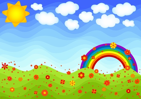 Spring scene with rainbow and flowers.のイラスト素材