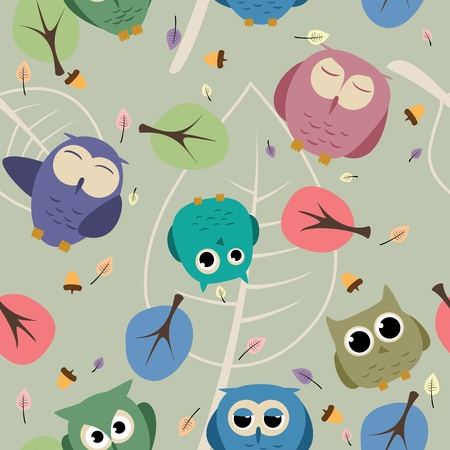 seamless pattern with vector owls and decorationのイラスト素材