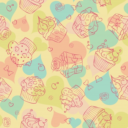 Seamless pattern made of cupcakes and hearts.のイラスト素材