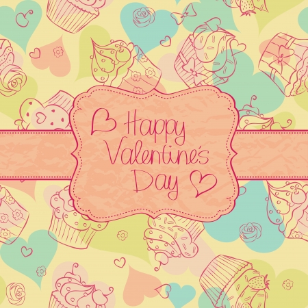 ValentineÂ´s Day card with cupcakes seamless pattern on the background.のイラスト素材