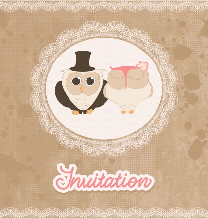 Retro grunge wedding invitation with lace and owls.のイラスト素材