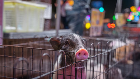 Picture of a pet shop at the temple fair Currently selling dwarf pigs These are piglets that are 
smaller than normal pigs that we consume. This pig has black and pink stripes.の写真素材