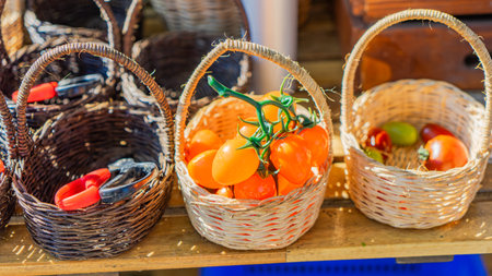 Picture of 6 small woven baskets, some of which can hold only 1 pair of scissors. The prominent basket in front holds about 10 cherry tomatoes.の写真素材