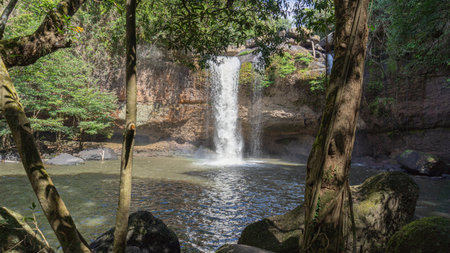 Tall waterfall, clear water flowing through the rocks. The surrounding area has many kinds of trees, vines, overgrown with rainforest. During the day, the sun is bright. The naturaの写真素材