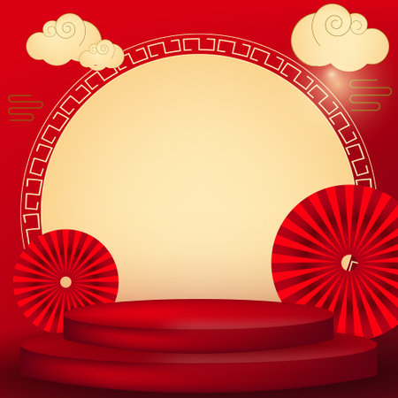 The red background has long lines and yellow overlapping circles that form a strange pattern Suitable for use in many forms such as postcards signs drinking glasses or Chinese New Year fabric patternsのイラスト素材