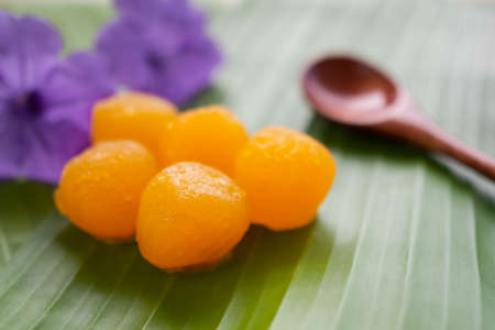Thong Yod Dessert on banana leaf. traditional Thai desserts. snack and sweet food. food for health concept.の写真素材