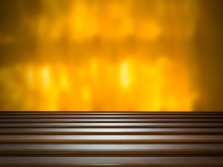 Empty wooden table with blured yellow curtains. luxurious perspective wood copy space for add text or products presentation.の写真素材
