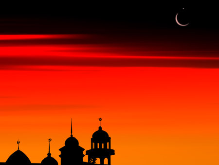 Ramadan, Eid ai-fitr,New year Muharram islamic religion Symbols with Mosques Dome, Crescent Moon silhouette on dark red and twilight sky in night sunset. arabic,Eid al-adha,mubarak  Muslim concept.の写真素材