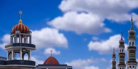 Ramadan, Eid ai-fitr,New year Muharram islamic religion Symbols with Mosques Dome on blue sky in day. arabic,Eid al-adha,mubarak  Muslim concept.の写真素材
