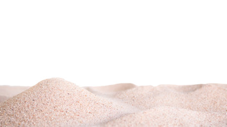 Pile Sand Isolatd on White Background. macro small heap mountain Desert Dry Sandy Beach at Coast of Sea Shore. particle striped texture nature. Tropical Summer Travel Holidays and Environment concept.の写真素材