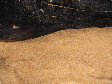 Black dark old wood on sand background. flat lay with free space. texture surface desert beach backdrop. travel summer tropical nature in holiday. coast of ocean seaside. pattern for presentation.の写真素材