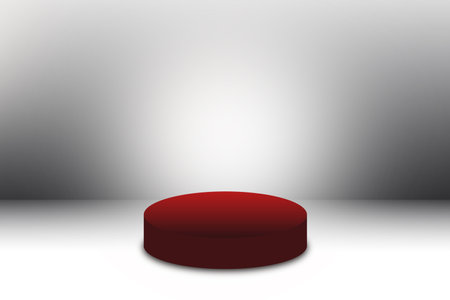 Empty Red Circle Podium Stand with Studio Room 3d  background.Winner Stage Shelf Scene Template Platform Display isolated on grey with light backdrop. Abstract design for presentation Products.の写真素材