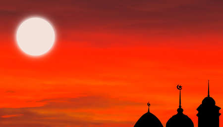 Mosques Dome and Moon on night twilight Sky dark red Background.Silhouette Architecture Minaret Islam Muslim Muharram Mubarak Religion Symbols.Ramadan,Eid Al-Adha,Eid Al-fitr,New Year Muharram conceptの写真素材