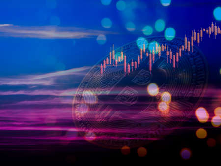 Candlestick Graph Chart Uptrend with blur Bitcoin Crypto Currency on abstract background.Data Trade...