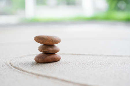 Japanese Zen Garden with Pebble with Line on Sand.mini Stone on Beach backgrond Top View and nobody.Ciircle Rock Balance Japan on nature.Simplicity Purity life.Relax Aromatherapy Spa and Yoga.Buddhismの写真素材