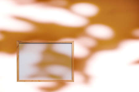 Background Studio Room autumn with wall shadow leaves plant.Abstract orange Mockup Empty white board with White Sunlight Effect Reflection Backdrop.Blank Free space for Product Presentation.の写真素材