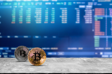 Bit coin Data Crypto Currency on Blur Candlestick Graph Chart,Data Trade Forex Stock Market Accounting Exchange Analysis Digital Technology Business Finance,plan Investment Income for 2023 New Year.の写真素材