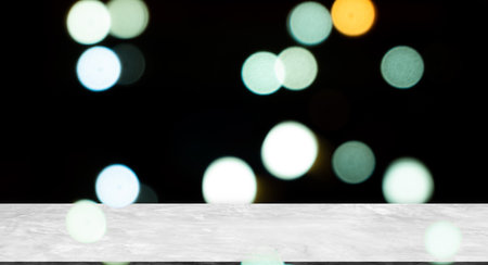Blank Wooden Table with Orange Red Bokeh on Black Background,Golden Light Night Blur Circle Effect Sparkle,Card Poster,Empty Floor Counter for Presentation of Merry Christmas and Happy New Year 2023.の写真素材