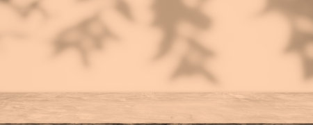 Background Studio Room Autumn with Wall Shadow Leaves Plant,Abstract Orange Cement Mockup Empty Table with White Sunlight Effect Reflection Backdrop,Blank Free space for Product Presentation concept.の写真素材