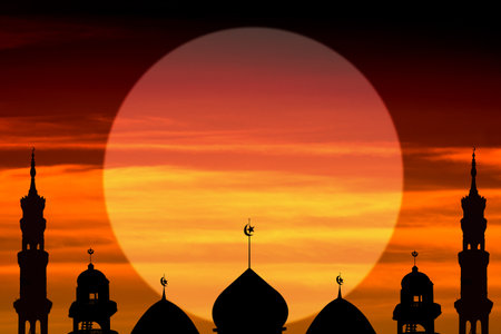 Mosques Dome and Sun on Gold Black Sunset Background,New Year Muharram Asia Religious Muslim,Ramadan Kareem, Eid ai-fitr,New year Muharram,Islamic Arabic Holy ,Mubarak God Symbols,Free Space.の写真素材