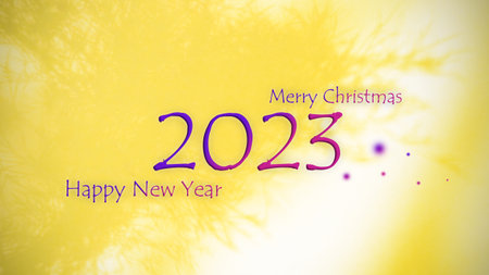 2023 Happy New Year Text on Yellow Shadow Leaves Background,Card Poster Celebration Festive...