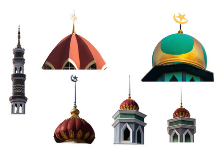 Mosques Dome Isolated on White Background,Islamic New Year Muharram,Islamic Religion Symbols Ramadan and Arabic,Eid al-Adha,Eid al-fitr,Mubarak,Kareem Holy Muslim,Mubarak God Month Mawlid.の写真素材