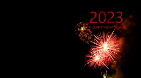 2023 Background Merry Christmas and Happy New Year on Fireworks Black Background,Free Space for add...