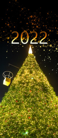 Merry Christmas and happy new year 2022 concept. tree christmas with fairy lights and text on dark black background. new modern luxury design card for celebration party in holidays.の写真素材