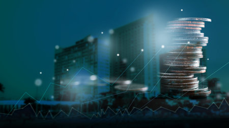 Business technology Money Digital concept,Data Graph Chart Cryptocurrency on Blur City,Stack Coin Blak Dark,for Investemnt Growht Corporate global financial Stoc Market Trade Forex,Profit Exchange.の写真素材