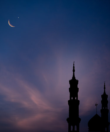 Islamic Architecture Celebration Background,Shadow Bulding Mosques Dome with Crescent Moon and Star on Gold Twilight Sunset Background,Ramadan Night,Muslim Traditinal,Mubarak,New Year Muharram.の写真素材