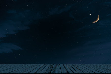 Islamic Background Concept,Empty Table Desk with Cloud Sky with Crescent Moon and Star ramadan Religious symbols,Sunrise Twilight Eventing,for Arabic Muslim Holy,Eid ai-fitr,New year Muharram Mubarak.の写真素材