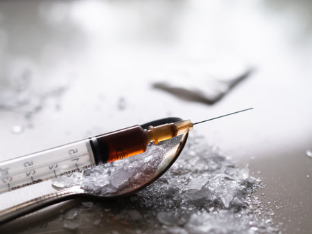 Methamphetamin Drug in Syringe on Spoon,Speed Drug Addiction,Medicine Science Pharmarcy Narcotic,Heroin Amphetamines Dangerous Substanc Abuse Illegal Danger Chemical Concetp.の写真素材