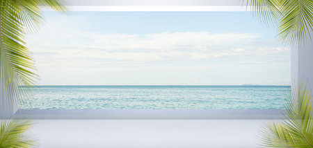 Frame Sea Background,Leaves Palm with Template on Blue Ocean at Coast,Blue Sky,Tropical Bay Nature for Tourism Vacation Relax Travel Summer Holidays,Island Landscape Mockup for Presentation Product.の写真素材