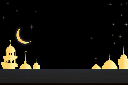 Islamic Background Concept,Empty Table Desk with Mosques Dome, Star,Crescent Moon Ramadan Religious symbols,Sunrise Twilight Eventing,for Arabic Muslim Holy,Eid ai-fitr,New year Muharram Mubarak.の写真素材