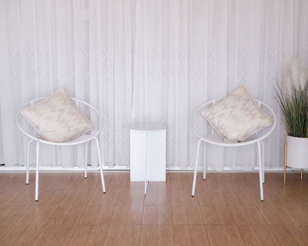 Chair and Table Interior Room,White Wooden Kitchen Dinning or Living in House,Furniture Restaurant or Cafe Room.の写真素材