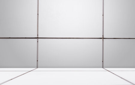 Empty Studio Room Workshop Background,Grey Food Kitchen Counter Bar with Line Backdrop,Template Workplace Table Desk Shelf Floor Wall Concrete Cement Marble Stone Photography for Presentation Product.の写真素材