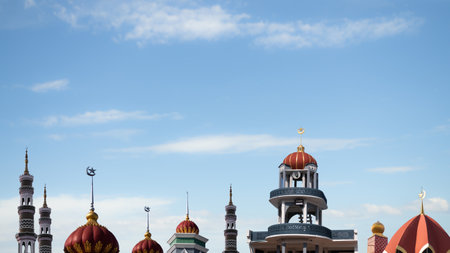 Mosques Dome Summer Ramadan Blue Sky Background,Islamic New Year Muharram,Islamic Religion Symbols Arabic,Eid al-Adha,Eid al-fitr,Mubarak,Kareem Holy Muslim,Mubarak God Month Mawlid.の写真素材