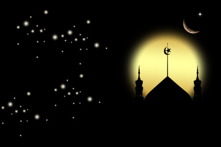 Islamic Background Concept,Empty Table Desk with Mosques Dome, Star,Crescent Moon Ramadan Religious symbols,Sunrise Twilight Eventing,for Arabic Muslim Holy,Eid ai-fitr,New year Muharram Mubarak.の写真素材