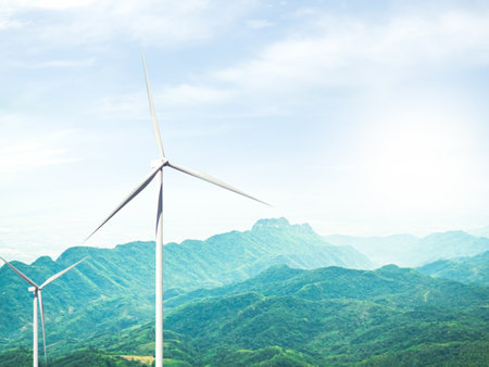 Wind Energy Farm,Windmill Power Park Renewable on Mountain Forest Park and Clouds Sky Background,Pole Tower Plant Supply Technology Eco Electric Sustainable Industry Environment Alternative Industrailの写真素材