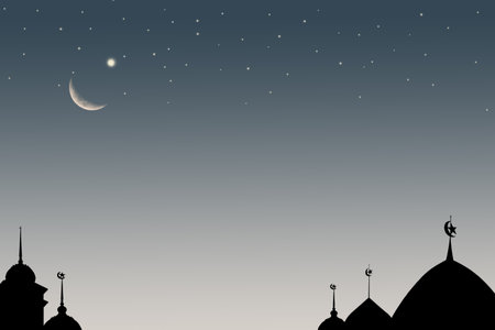 Islamic Background Concept,Empty Table Desk with Mosques Dome, Star,Crescent Moon Ramadan Religious symbols,Sunrise Twilight Eventing,for Arabic Muslim Holy,Eid ai-fitr,New year Muharram Mubarak.の写真素材