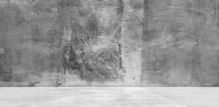 Concrete Studio Room Background,Loft Texture Wall Floor Plaster Construction Mockup,Surface Marble Display Grey Cement Shelf Kitchen Counter Bar Desk Workplace,Gray Workshop Template Interior Wall.の写真素材