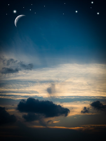 Eid Al Adha,Eid Al Fifr Adha Mubrak Arabic Background Concept,Crescent Moon with Star on Dark Night Sky Dusk Nature Landscape,Symbols Moonlight Muslim Islamic New Year Muharram Religion.の写真素材