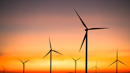 Windmill Sunset,Energy Turbine Wind Farm Generation Factory Farm,Plant Wind Turbine Power Sustainable Factory,Electric Industrial Alternative Renewable Energy Technology Mill,Environment.の写真素材