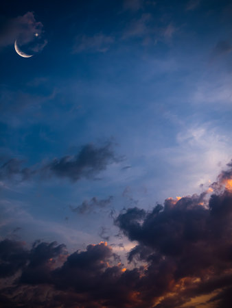 Eid Al Adha,Eid Al Fifr Adha Mubrak Arabic Background Concept,Crescent Moon with Star on Dark Night Sky Dusk Nature Landscape,Symbols Moonlight Muslim Islamic New Year Muharram Religion.の写真素材