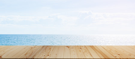 Table on Sea Summer Background,Space Empty Wood Desk on Wature and Deck Horizon,Mockup Produc Tropical Sand Beach,for Tourism Travel Summer Holidays,Shelf Counter Wooden Tabletop at Coast.の写真素材