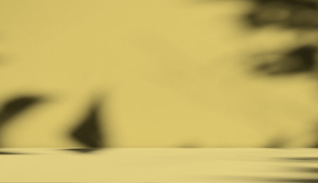 Loft Product Summer Studio Room Background,Yellow Shadow Leaves on Podium Pland Cement Concrete Backdrop,Light Overlay from Window House Floor Wall Table Kitchen Counter Bar Desk Shelf Template.の写真素材