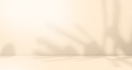 Loft Product Summer Studio Room Background,Orange Shadow Leaves on Podium Pland Cement Concrete Backdrop,Light Overlay from Window House Floor Wall Table Kitchen Counter Bar Desk Shelf Template.の写真素材