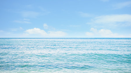 Sea Ocean Horizon Water Background,Texture Pattern Surface View Wave Blue Shor Calm Still at Caost,Backdrop Tropical Summer Nature Seascape with Cloud Blue Sky Sunlight Day,Beautiful Landscape.の写真素材